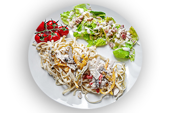 <h2>Fettucine au poulet maison</h2>
<ul>
<li>salade du chef</li>
</ul>