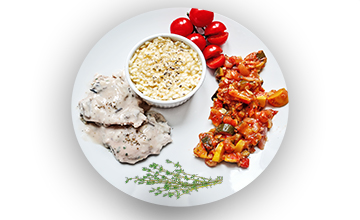 <h2>Escalope de veau aux champignons</h2>
<ul>
<li>Ratatouille chaude</li>
<li>Faux risotto au Parmesan</li>
</ul>